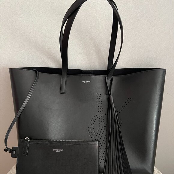 SAINT LAURENT BLACK LEATHER PERFORATED LOGO LARGE TOTE - Picture 8 of 15
